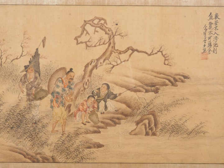 Chine, XXe siècle,  Trois encres et couleurs sur tissu, représentant u