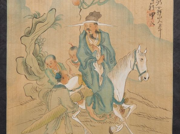 Chine, XXe siècle,  Trois encres et couleurs sur tissu, représentant u