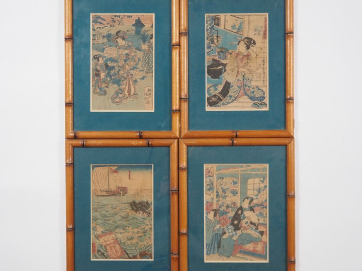 Japon, travail moderne,  Ensemble comprenant quatre estampes sur papie