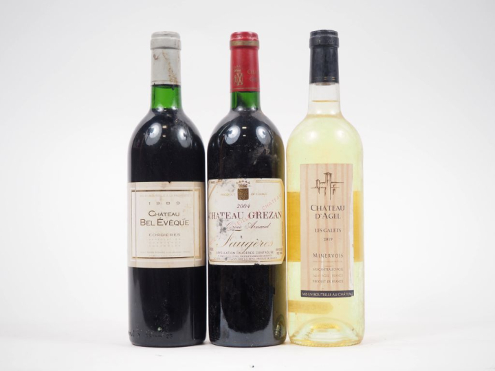 3 BOUTEILLES : 1 CHÂTEAU BEL EVEQUE CORBIÈRES - 1989 / 1 FAUGÈRE CHÂTE
