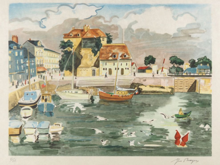 Yves BRAYER. "Le port". Lithographie en couleur signée en bas à droite