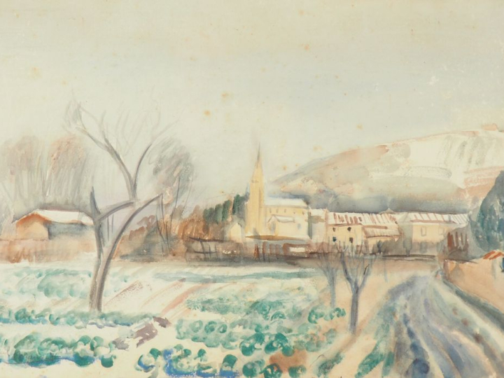 Paul MANAUT.  4 différentes aquarelles "marché aux puces", "village", 