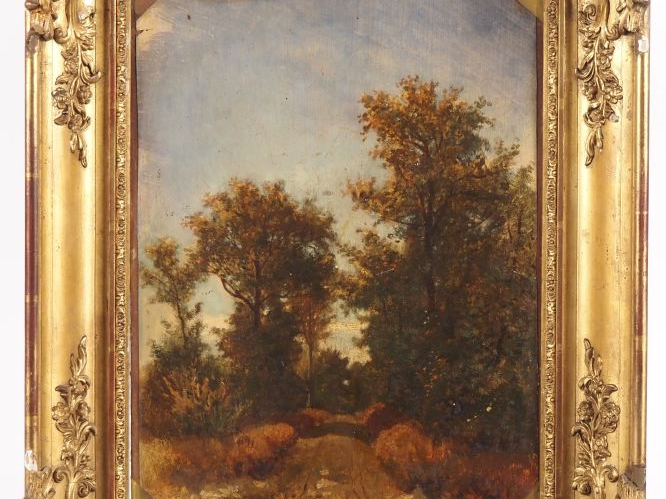 Ecole française fin XIXème - début Xxème. "Sous bois". Huile sur carto