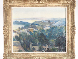 Vente aux enchères Ecole française XX e, Jacques HERVE ?  'Vue de ville en bord de fleuve