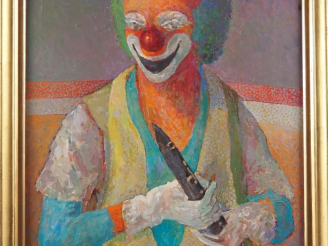 Vente aux enchères GERARVIEL.  "Clown musicien" Huile sur carton, signée en bas à droite 