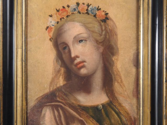 Vente aux enchères Ecole française XIXème. "Portrait de femme à la couronne de fleurs". H