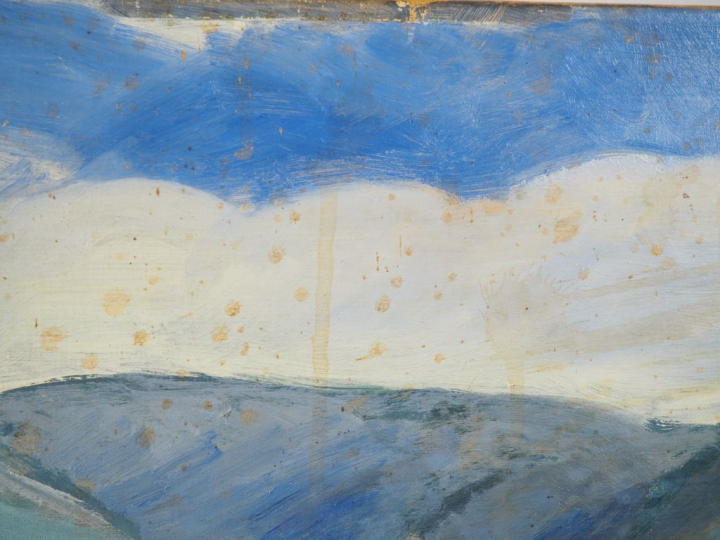 Paul MANAUT.  "Village en bordure de rivière" Huile sur toile, signée 