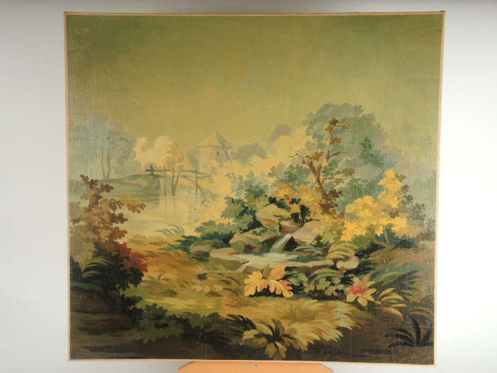 Ecole française XIX ème 'Paysage à la fontaine et à la tour'. Paire de