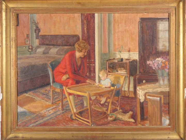 Ecole française Xxème. "Mère et son enfant". Huile sur toile signée en