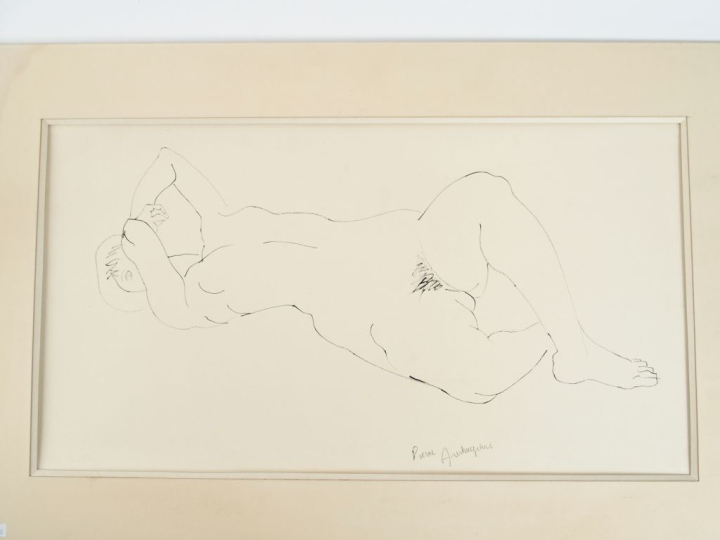 P. AMBROGIANI.  "Femme nue".  Dessin à l'encre, signé en bas à droite.