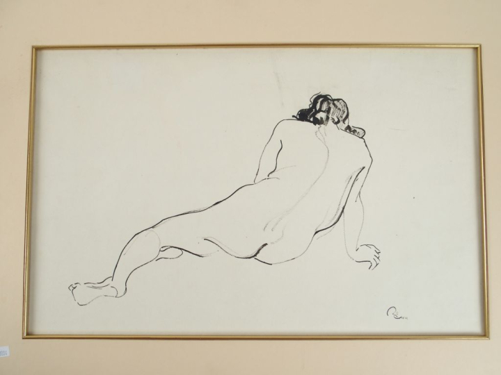 R. ESPINASSE 'Femme nue de dos'. Encre, monogrammée en bas à droite et