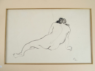 Vente aux enchères R. ESPINASSE 'Femme nue de dos'. Encre, monogrammée en bas à droite et