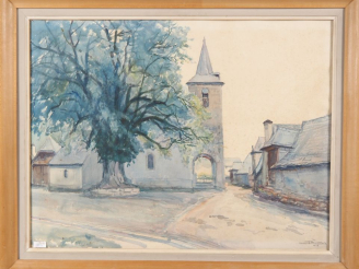 Vente aux enchères Aquarelle signée en bas à droite Boudet 'La place aux vieux chênes'
