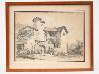 Vente aux enchères Ecole française XIXème. "Discussion dans l'escalier". Dessin au crayon