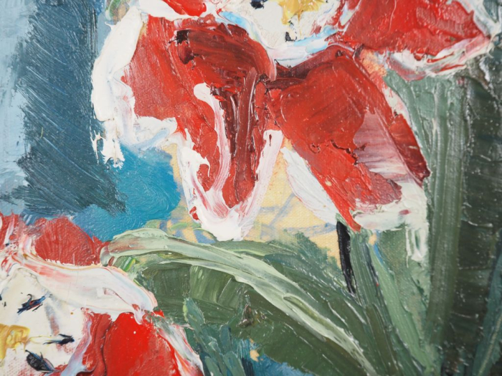 A.M. GAJAC 'Le bouquet de tulipes'. Huile sur toile, signée en bas à d