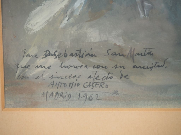 Antonio CASERO.  "Taureau de combat chargeant" Gouache, signée et dédi