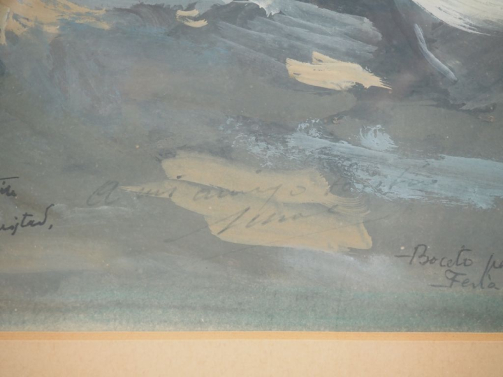 Antonio CASERO.  "Taureau de combat chargeant" Gouache, signée et dédi