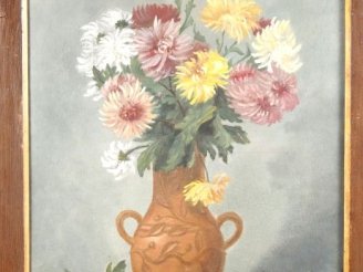 Vente aux enchères LAMOTTE.  "bouquet de chrysantèmes" Huile sur toile, signée en bas à d