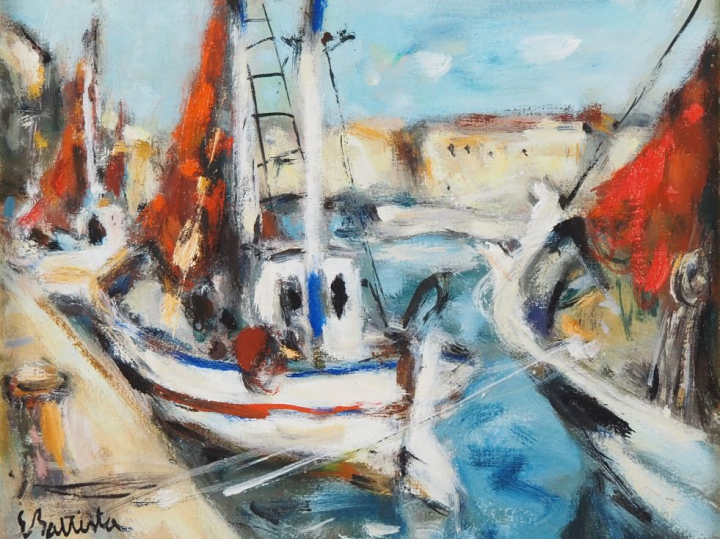 Eric BATTISTA.  "bateaux dans le port de Sète" Huile sur toile, signée