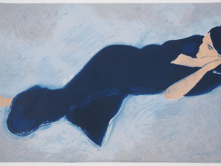 BAUCAMPAIN.  "portrait de femme à la robe bleue" Huile sur papier, sig