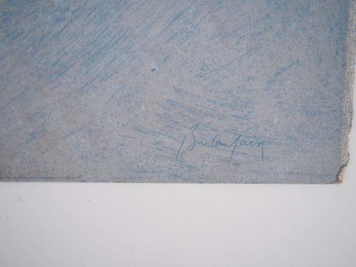 BAUCAMPAIN.  "portrait de femme à la robe bleue" Huile sur papier, sig