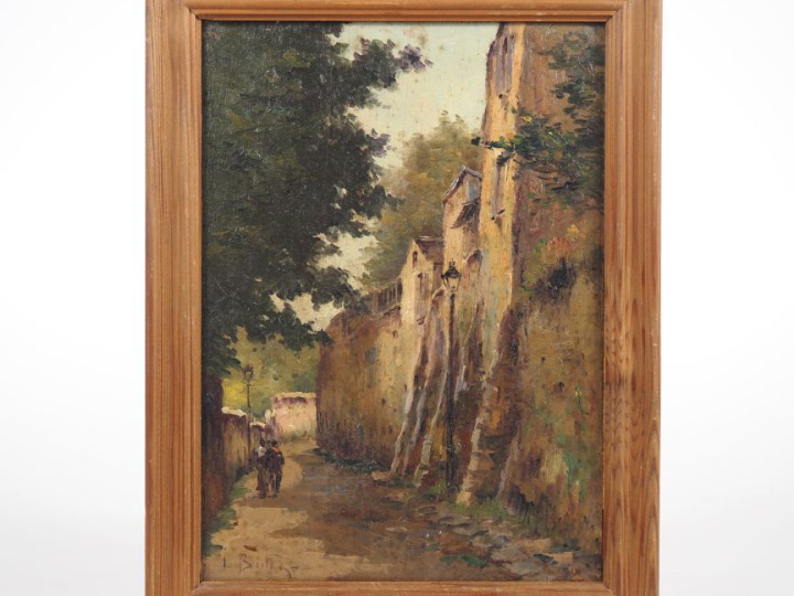 L. BELLING.  "promenade sous les remparts" Huile sur panneau, signée e