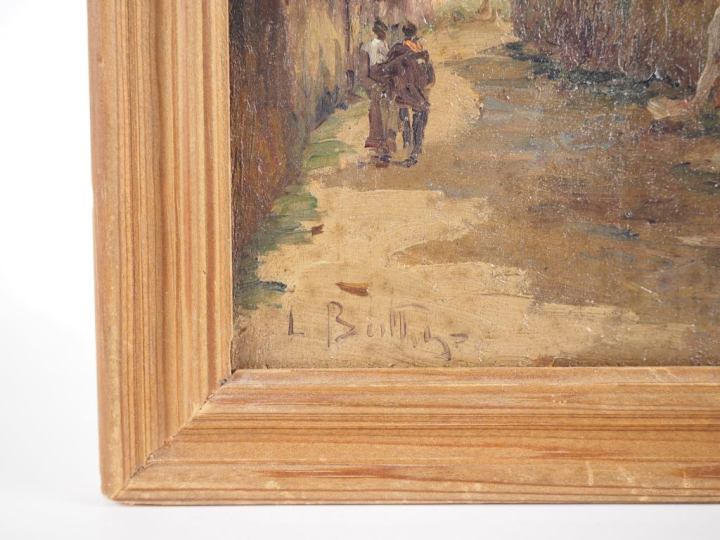 L. BELLING.  "promenade sous les remparts" Huile sur panneau, signée e