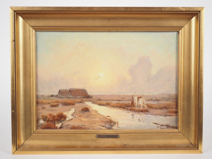 Henri BESINE.  "un soir en Camargue" Huile sur carton, signée en bas à