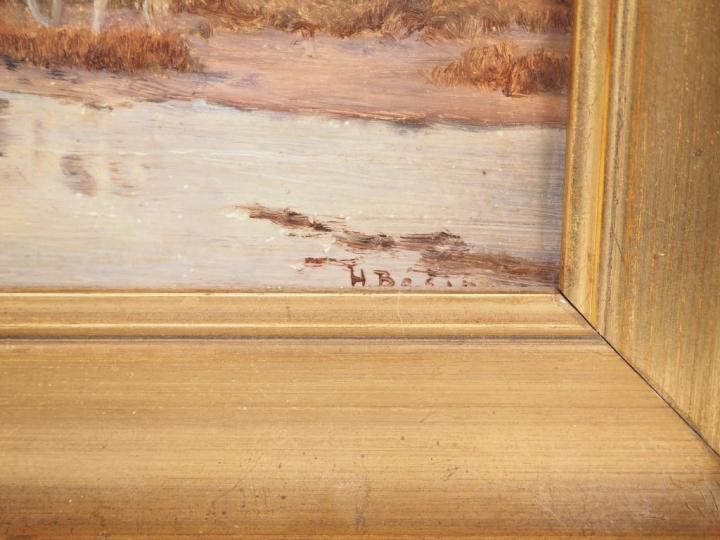 Henri BESINE.  "un soir en Camargue" Huile sur carton, signée en bas à