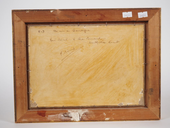 Henri BESINE.  "un soir en Camargue" Huile sur carton, signée en bas à