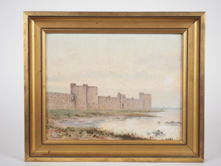 Henri BESINE.  "Aigues-Mortes" Huile sur carton, signée en bas à gauch