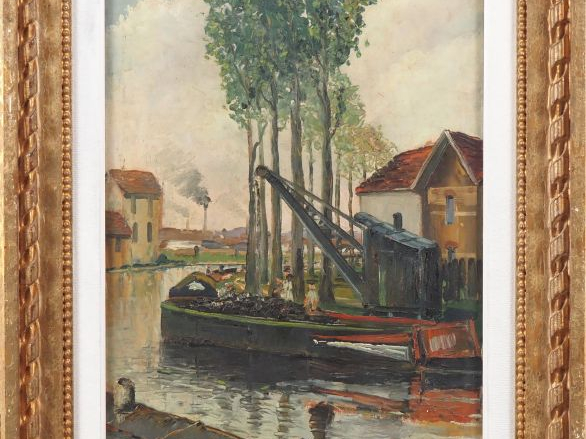Raymond BESSE.  "grue au canal Saint Denis" Huile sur toile, signée en