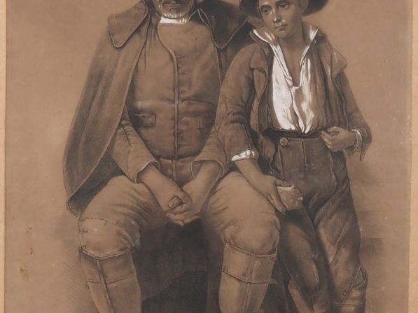 H. BLOT "le paysan et son fils" Dessin au fusain et rehauts de craie, 