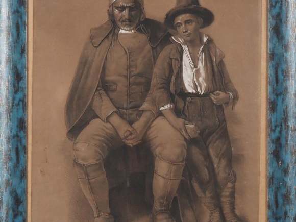 H. BLOT "le paysan et son fils" Dessin au fusain et rehauts de craie, 
