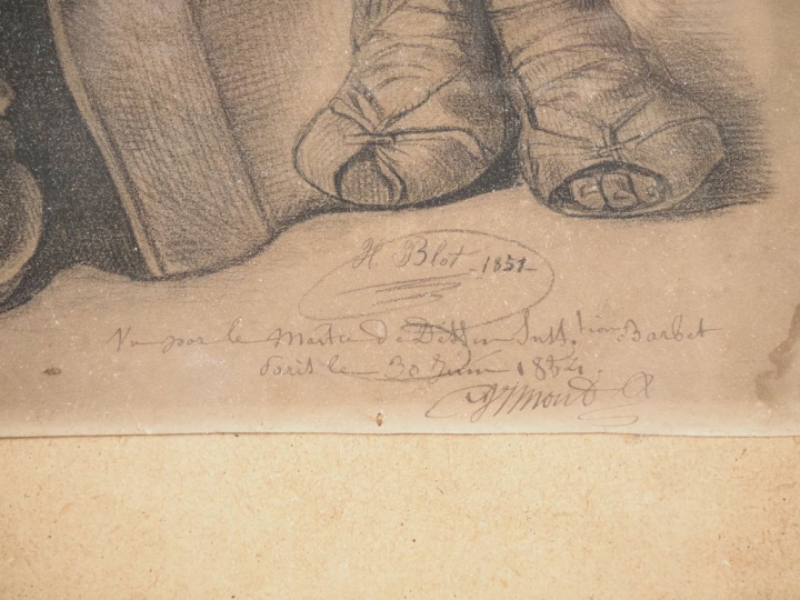 H. BLOT "le paysan et son fils" Dessin au fusain et rehauts de craie, 