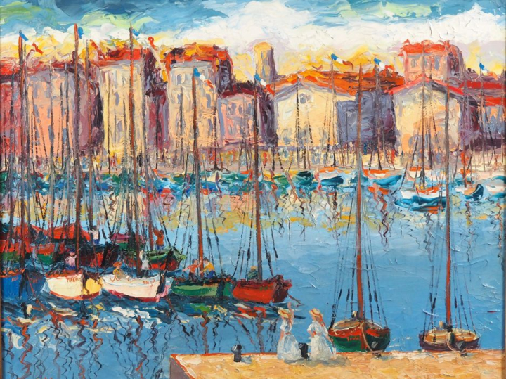 Antoine BOGEY.  "Marseille, le port" Huile sur toile, signée en bas à 
