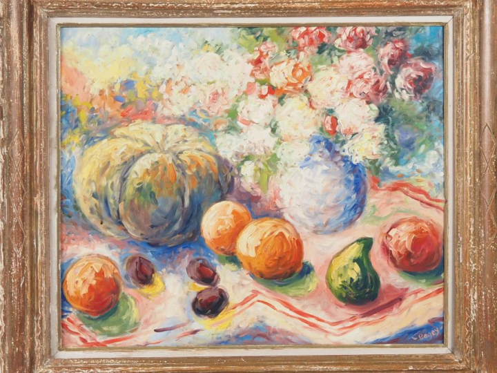 Antoine BOGEY.  "nature morte aux fleurs et aux fruits" Huile sur isor