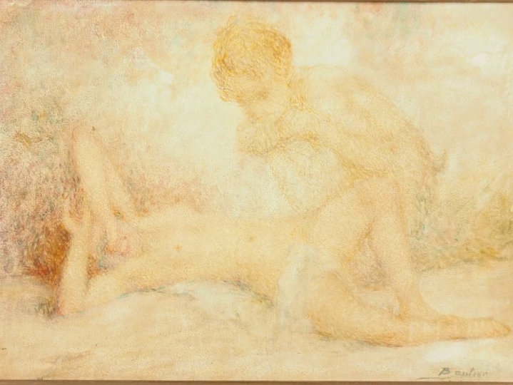 Lucien BOULIER.  "Vénus et le faune" Huile sur panneau, signée en bas 