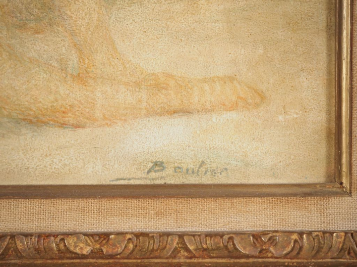 Lucien BOULIER.  "Vénus et le faune" Huile sur panneau, signée en bas 