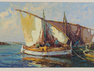 Vente aux enchères Fortuné CAR.  "Marine provençale" Huile sur panneau d'isorel, signée e