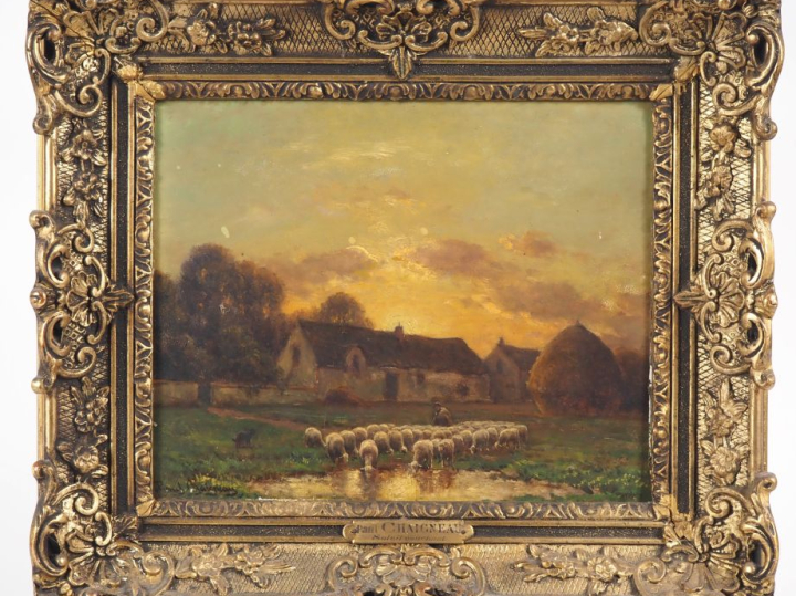Paul CHAIGNEAU (1879-1938). "Troupeau de moutons à la mare" Huile sur 