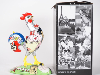 Vente aux enchères David CINTRACT. "Cocorico pop"  Sculpture en composition Signée H. 30 