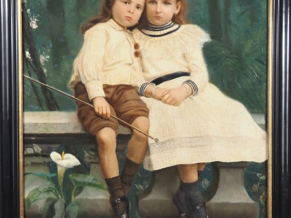 Y. COMET.  "les deux enfants sur une balustrade" Huile sur toile, sign