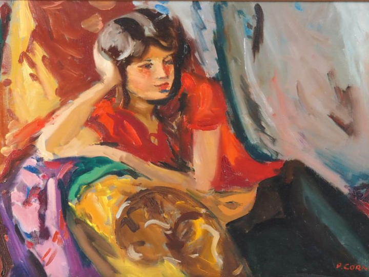 Pierre CORNU.  "portrait de jeune fille pensive" Huile sur toile, sign