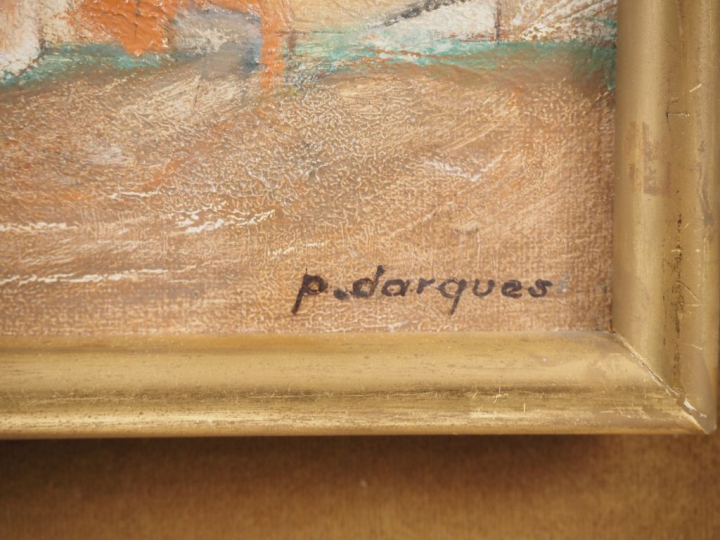 P. DARQUES.  "village" Huile sur toile, signée en bas à droite  Dim. À