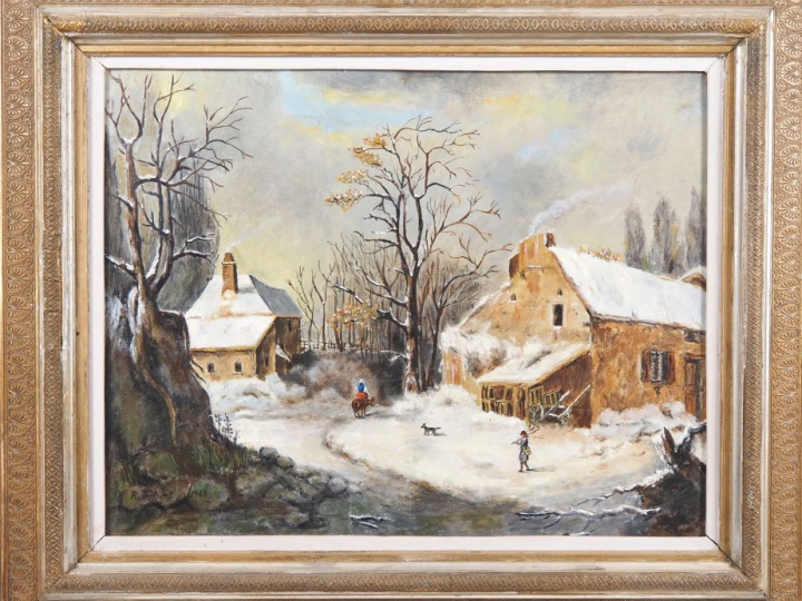 A. DELPORT.  "paysage d'hiver animé" Huile sur toile, signée en bas à 
