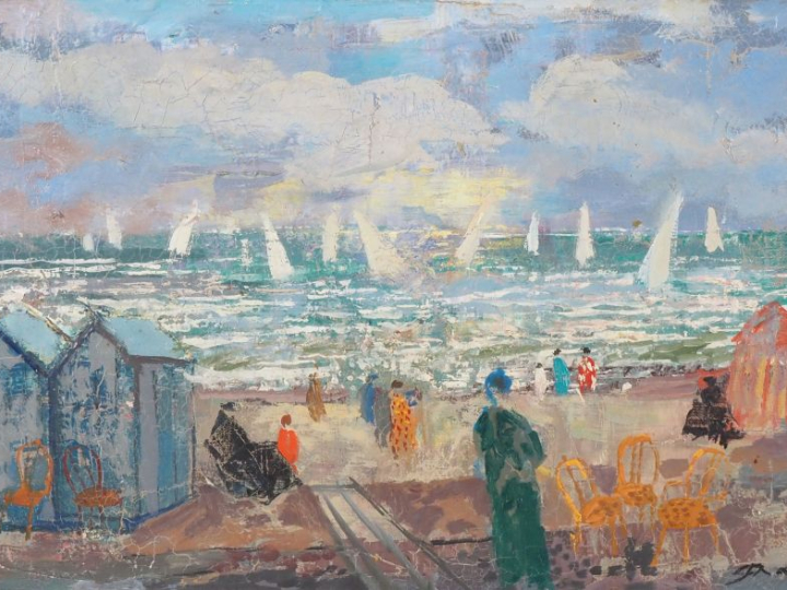 Emilio GRAU-SALA.  "plage animée" Huile sur toile, signée en bas à dro