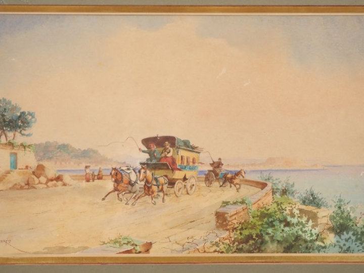 Emile HENRY.  "La diligence "Var-Nice" sur la corniche" Aquarelle, sig
