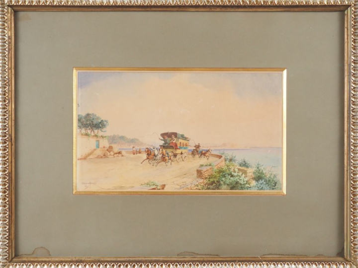 Emile HENRY.  "La diligence "Var-Nice" sur la corniche" Aquarelle, sig