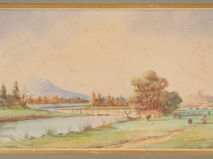 Emile HENRY.  "bord de rivière animé" Aquarelle, signée en bas à gauch